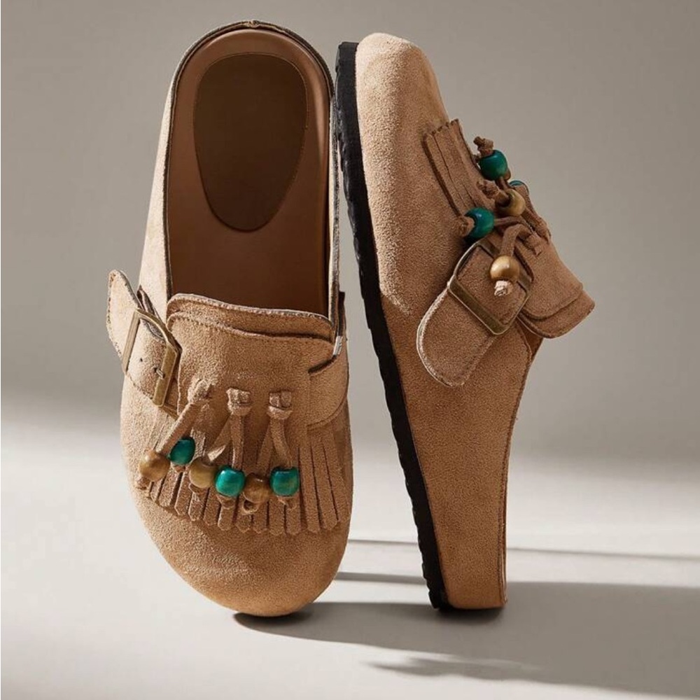 LAST ONE Elegant Tan Faux Suede Mules with Beaded Accents